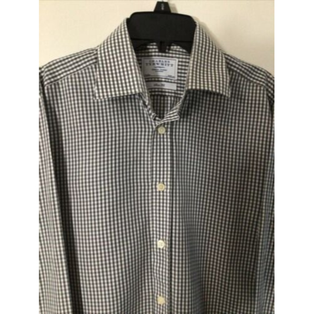 Charles Tyrwhitt Men’s Slim Fit Gray White Gingham Dress Shirt Size 15.5 34/35